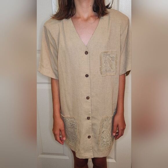 NWT Donnkenny L Beige LINEN Blend Embroidered Shrtslv Buttons Women Top Cardigan - Picture 7 of 8